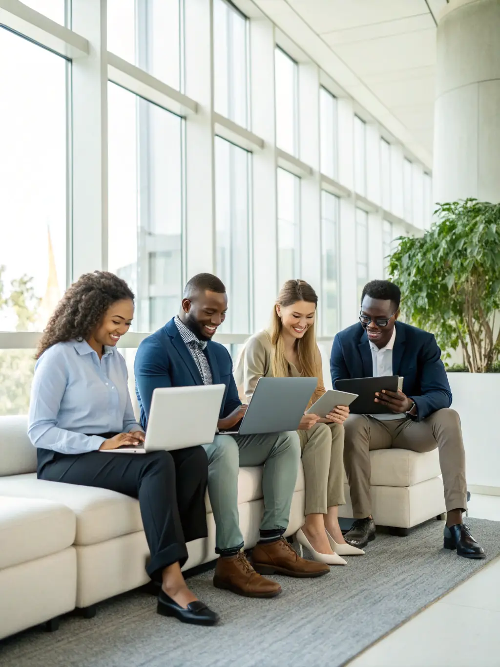 A diverse team collaborating on a project, using various devices to analyse data and develop strategies, showcasing Avon Business Analyst's collaborative and tech-savvy approach.