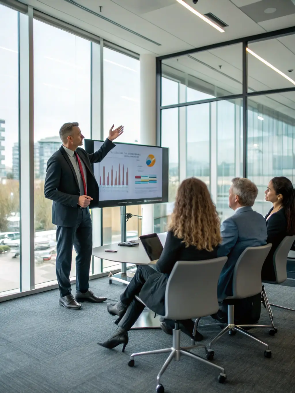 A business strategist is presenting market analysis and competitive insights to a leadership team, using a large screen displaying market trends and strategic recommendations. The setting is a modern conference room.